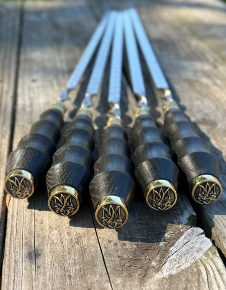 5 Pcs Heavy-duty Stainless Steel Lula Kebab Skewers (Wooden Handle with Ukrainian Tryzub Emblem)
