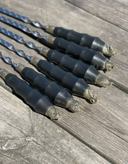 6 Pcs Heavy-duty Stainless Steel Lula Kebab Skewers (Wooden Handle with Animal Figures)