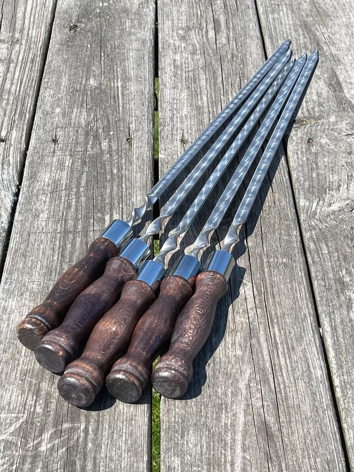 5 Pcs Heavy-duty Stainless Steel Lula Kebab Skewers (Wooden Handle)