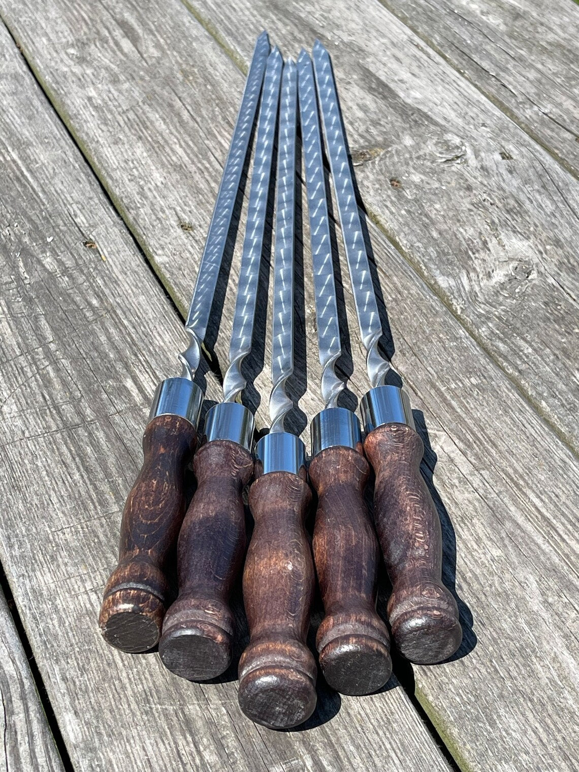 5 Pcs Heavy-duty Stainless Steel Lula Kebab Skewers (Wooden Handle)