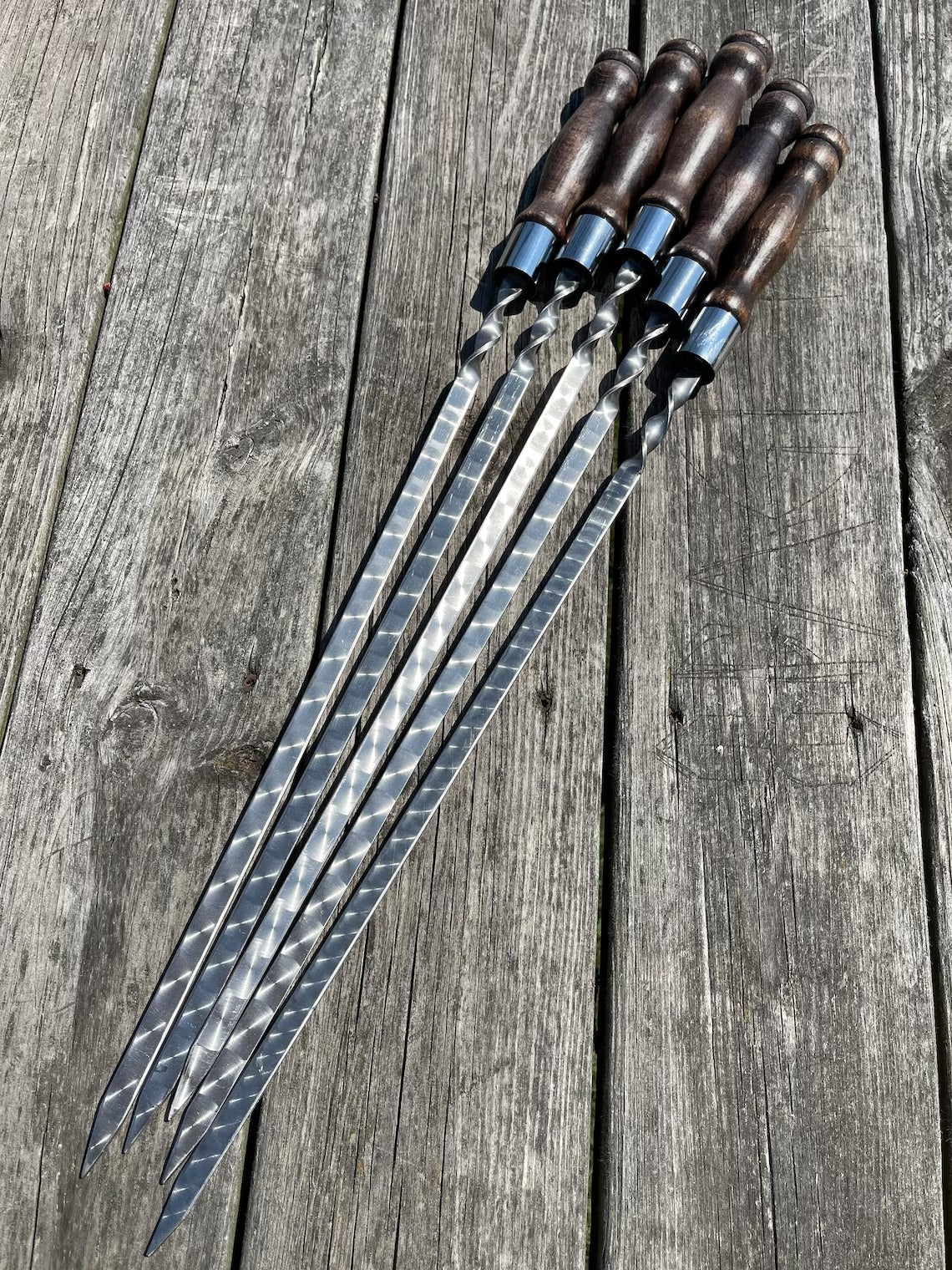 5 Pcs Heavy-duty Stainless Steel Lula Kebab Skewers (Wooden Handle)