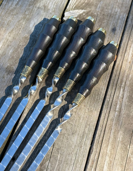 5 Pcs Heavy-duty Stainless Steel Lula Kebab Skewers (Wooden Handle with Ukrainian Tryzub Emblem)