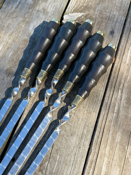 5 Pcs Heavy-duty Stainless Steel Lula Kebab Skewers (Wooden Handle with Ukrainian Tryzub Emblem)