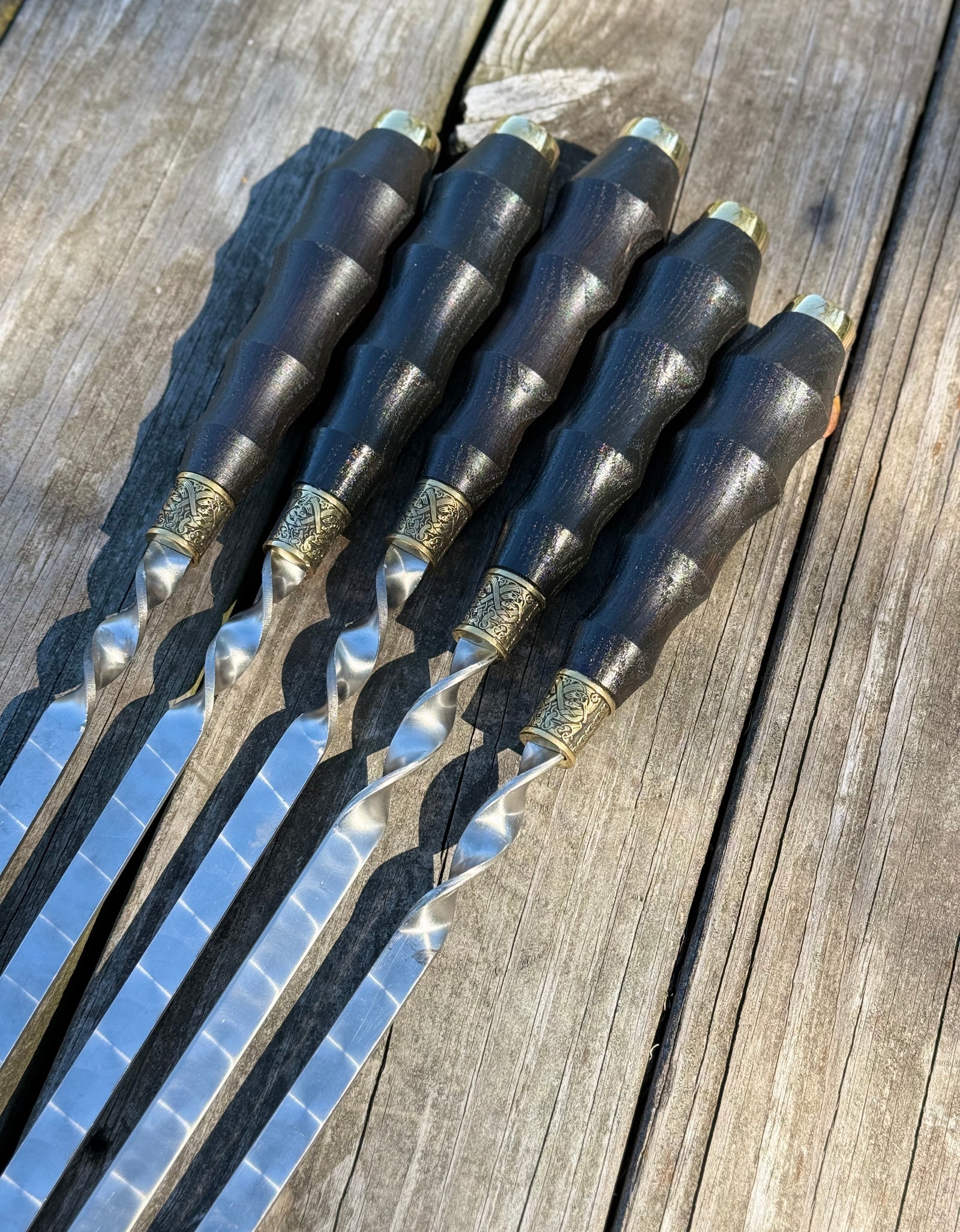 5 Pcs Heavy-duty Stainless Steel Lula Kebab Skewers (Wooden Handle with Ukrainian Tryzub Emblem)