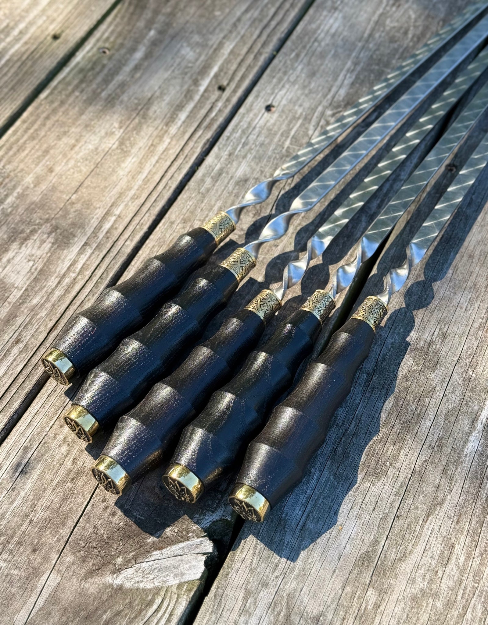 5 Pcs Heavy-duty Stainless Steel Lula Kebab Skewers (Wooden Handle with Ukrainian Tryzub Emblem)