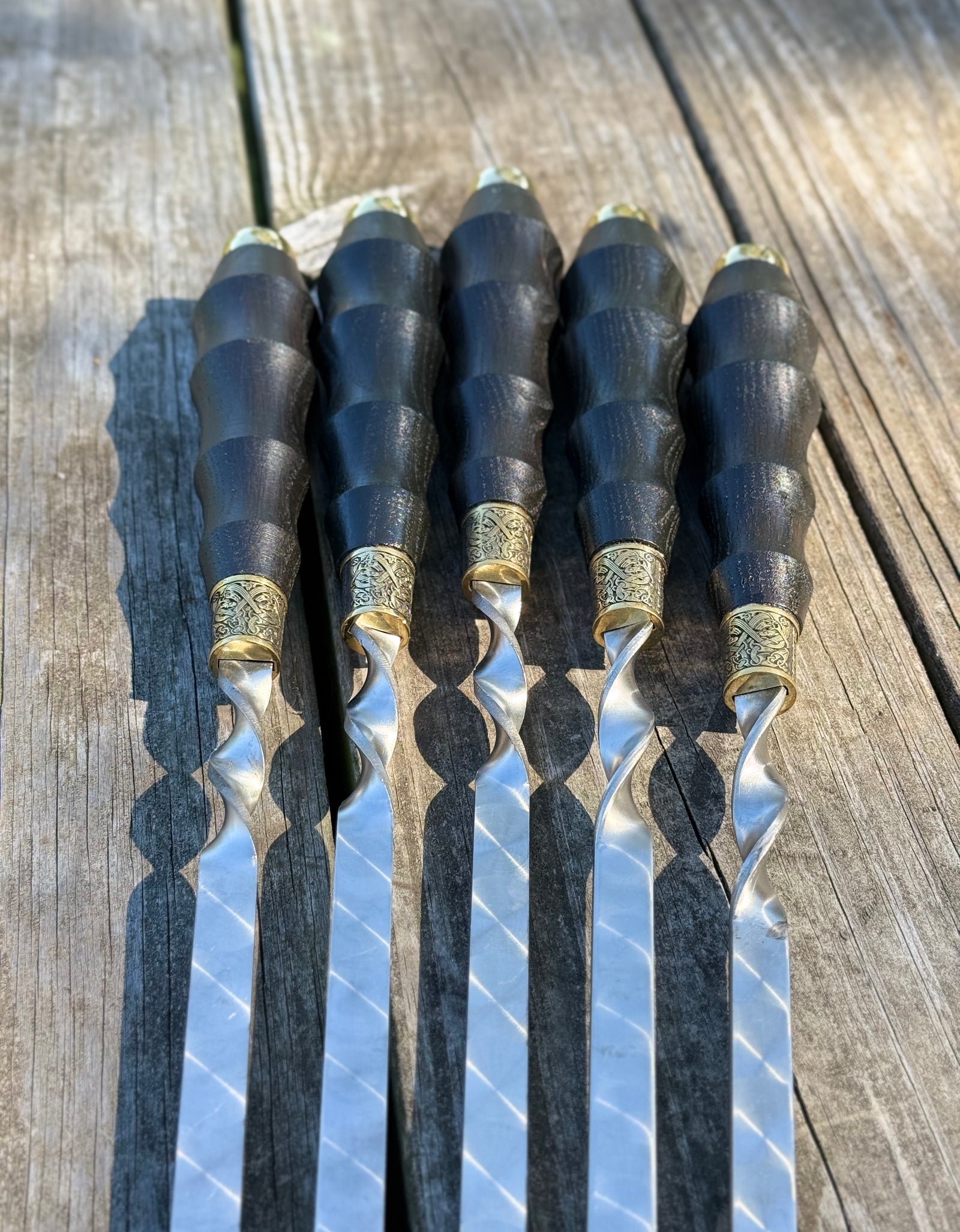 5 Pcs Heavy-duty Stainless Steel Lula Kebab Skewers (Wooden Handle with Ukrainian Tryzub Emblem)