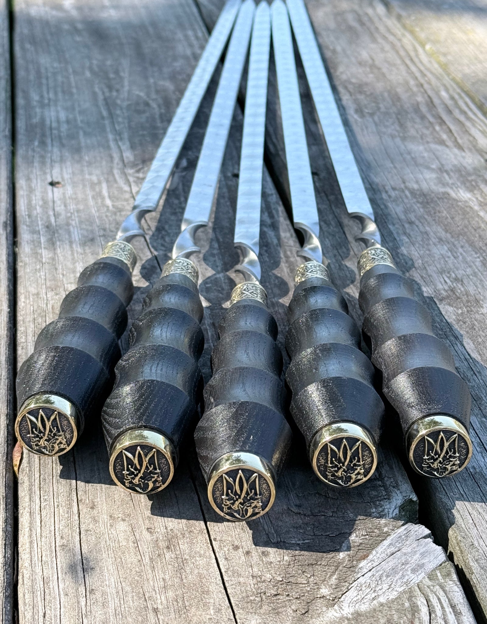 5 Pcs Heavy-duty Stainless Steel Lula Kebab Skewers (Wooden Handle with Ukrainian Tryzub Emblem)