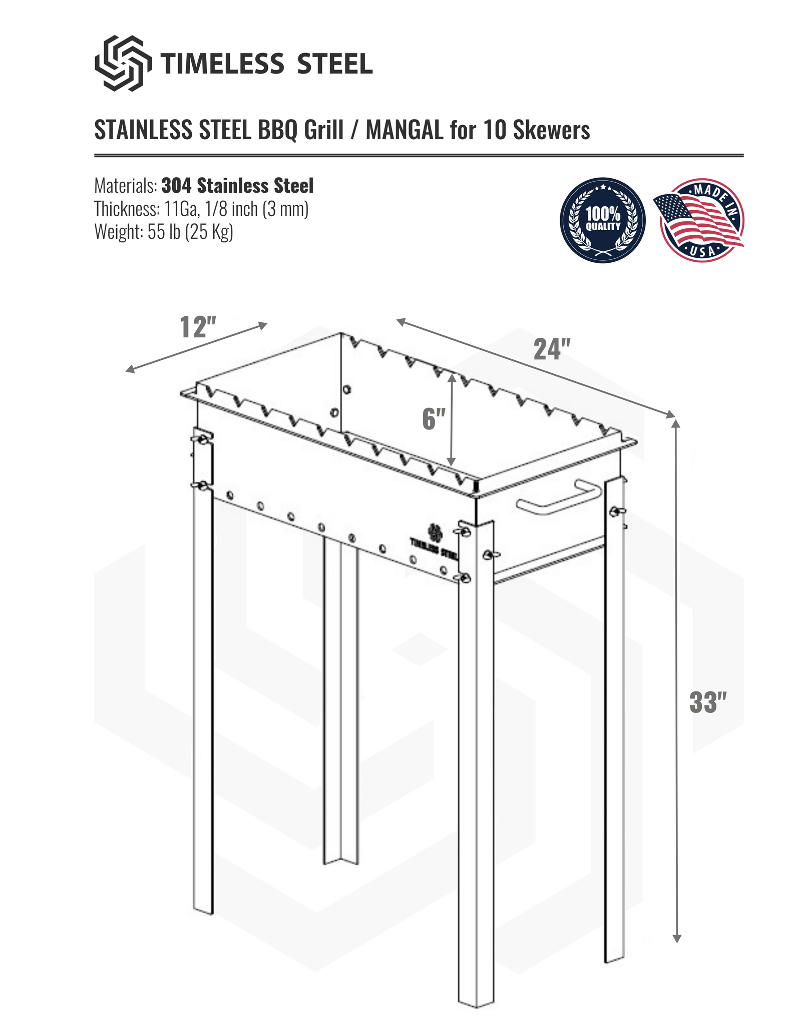 Heavy-duty STAINLESS Steel BBQ Grill / MANGAL for 10 skewers