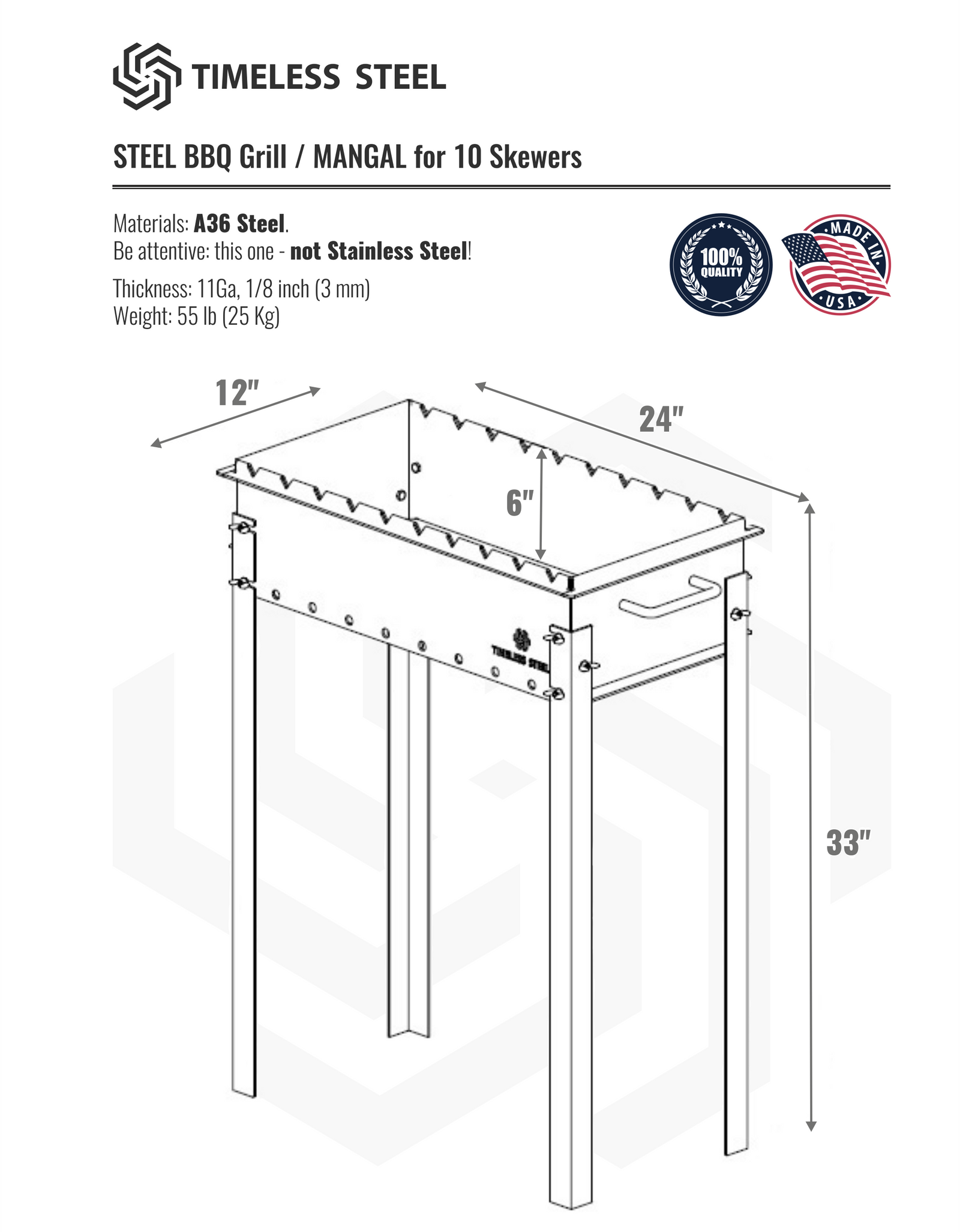 Heavy-duty BBQ Grill / MANGAL for 10 skewers