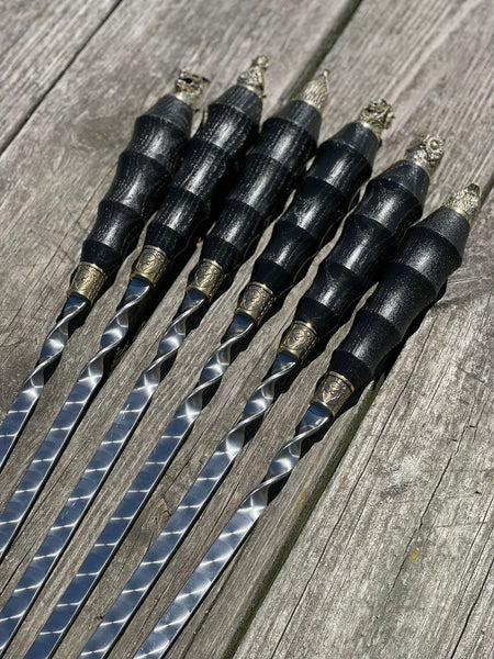 6 Pcs Heavy-duty Stainless Steel Lula Kebab Skewers (Wooden Handle with Animal Figures)