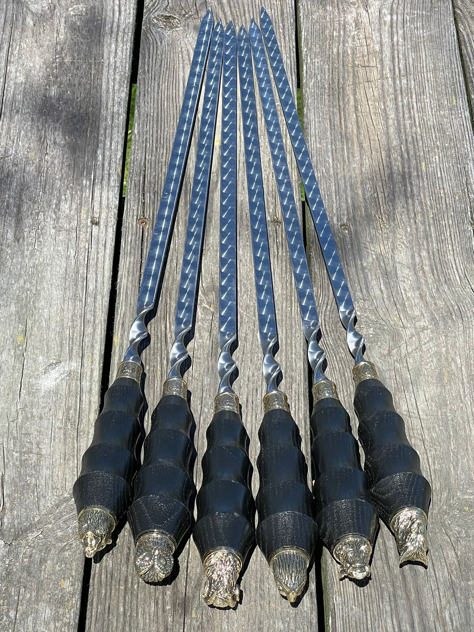 6 Pcs Heavy-duty Stainless Steel Lula Kebab Skewers (Wooden Handle with Animal Figures)