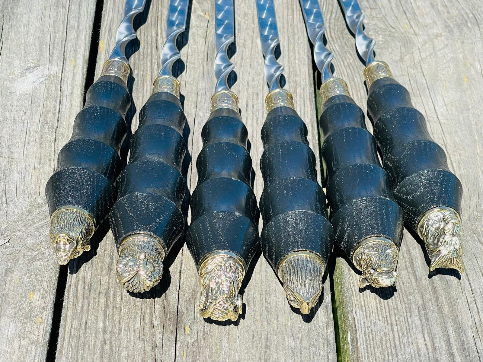 6 Pcs Heavy-duty Stainless Steel Lula Kebab Skewers (Wooden Handle with Animal Figures)