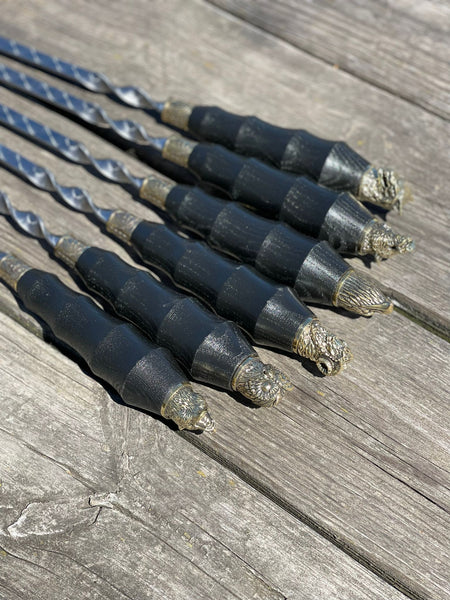 6 Pcs Heavy-duty Stainless Steel Lula Kebab Skewers (Wooden Handle with Animal Figures)