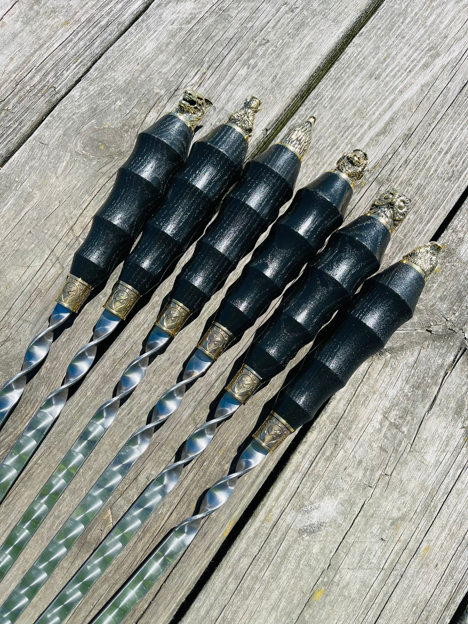 6 Pcs Heavy-duty Stainless Steel Lula Kebab Skewers (Wooden Handle with Animal Figures)