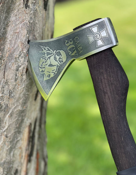 Heavy-duty AX Слава ЗСУ / Glory to the Armed Forces of Ukraine with wooden handle and leather wrap